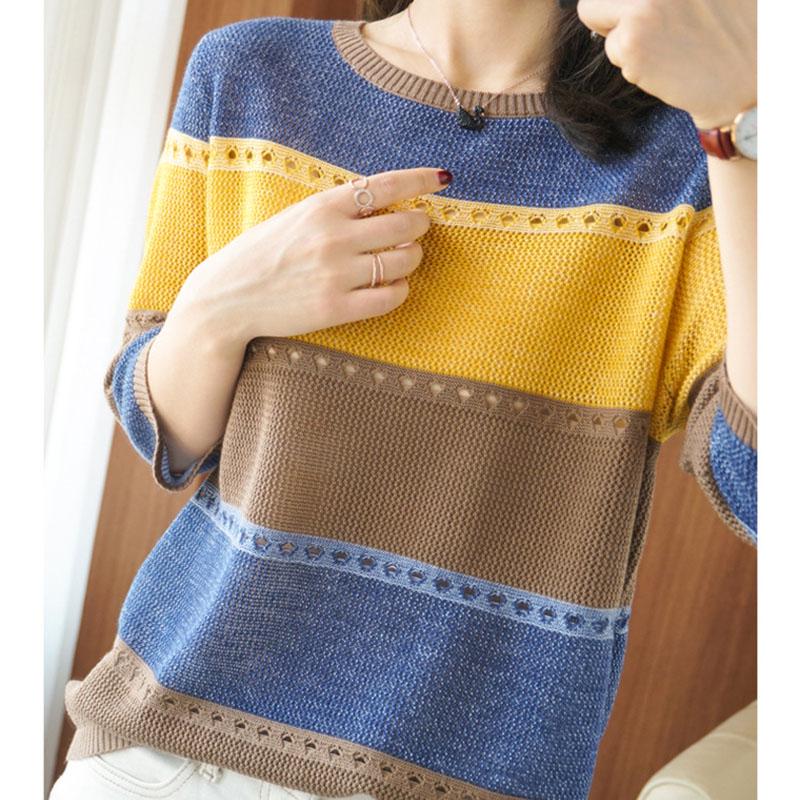 Thin Knit Sweater Half Sleeve Loose Striped Knitted Sweater Hollow Round Neck Pullover Sweater