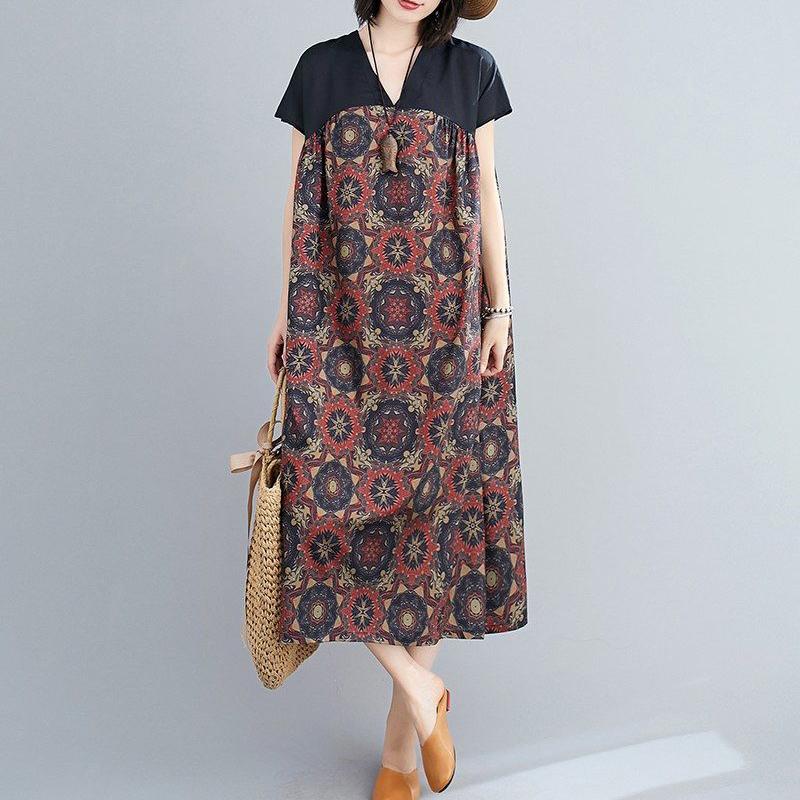 WTEMPO Ethnic Style Plus Size Ladies stitching Dress Summer V-Neck Long Dress Casual Mid-calf Length