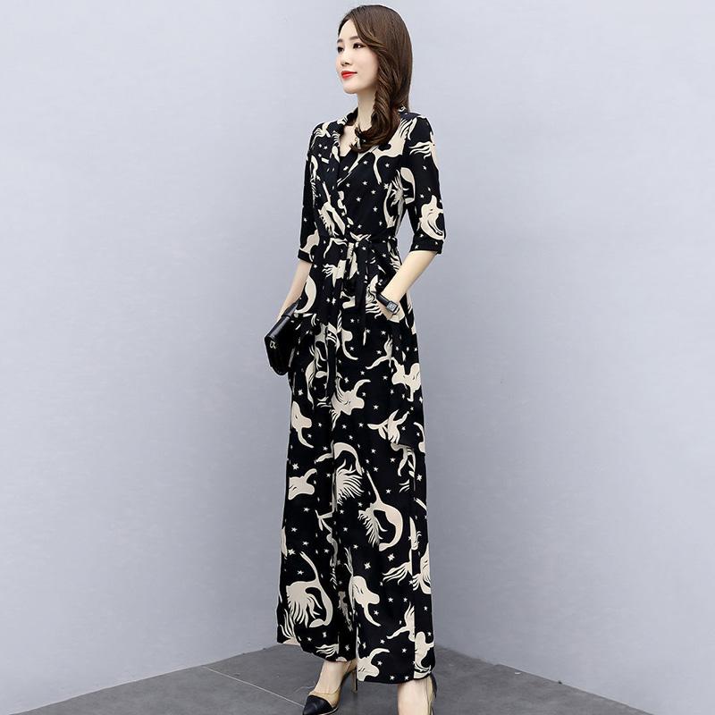 Black Suit Women's Summer Two-piece Suit Slim Wide-leg Pants + Long-sleeved Shirt Temperament Printed Suit Suit Women