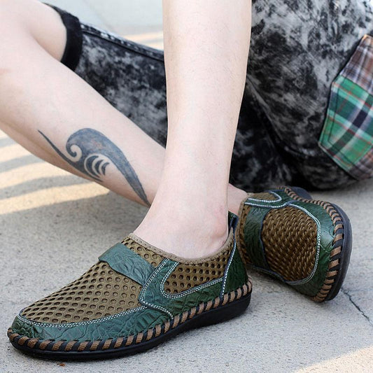 Cowhide Sandals Men's Hollow Mesh One Pedal Peas Shoes Men's Shoes Breathable Casual Lazy Shoes