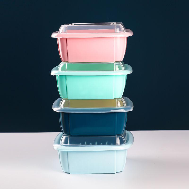 Double-layer Drain Box Refrigerator Multi-function Household Kitchen Vegetable and Fruit Drain Basket Plastic Vegetable Sink with Lid
