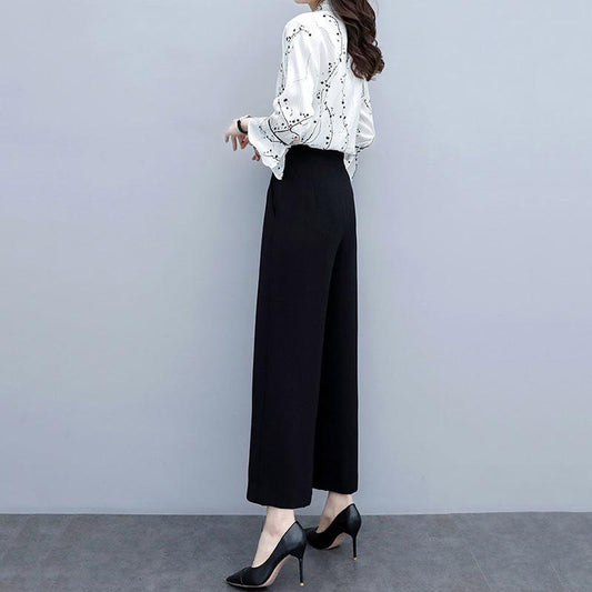 Spring and Summer New Women's Suits Temperament Ladies Chiffon Bell-sleeved Shirts Tops Wide-leg Pants Two-piece Women's