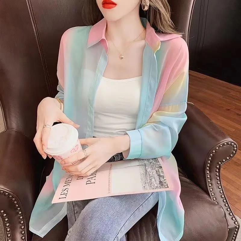 Gradient Chiffon Shirt Iridescent Button-up Shirt Mid Length Thin Coat Women's Sun Protection Shirts
