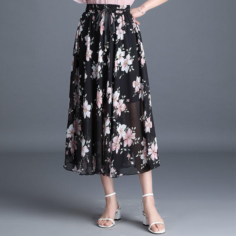 Women's High Waist  Pleated Floral Skirt Summer Mid-length A-line Draping Chiffon Fairy Dress Beach Vacation Daily