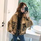 Autumn Winter Women's Loose Imitation Lambs Wool Jacket Coat Student Warmth Leopard Stitching Denim Parka