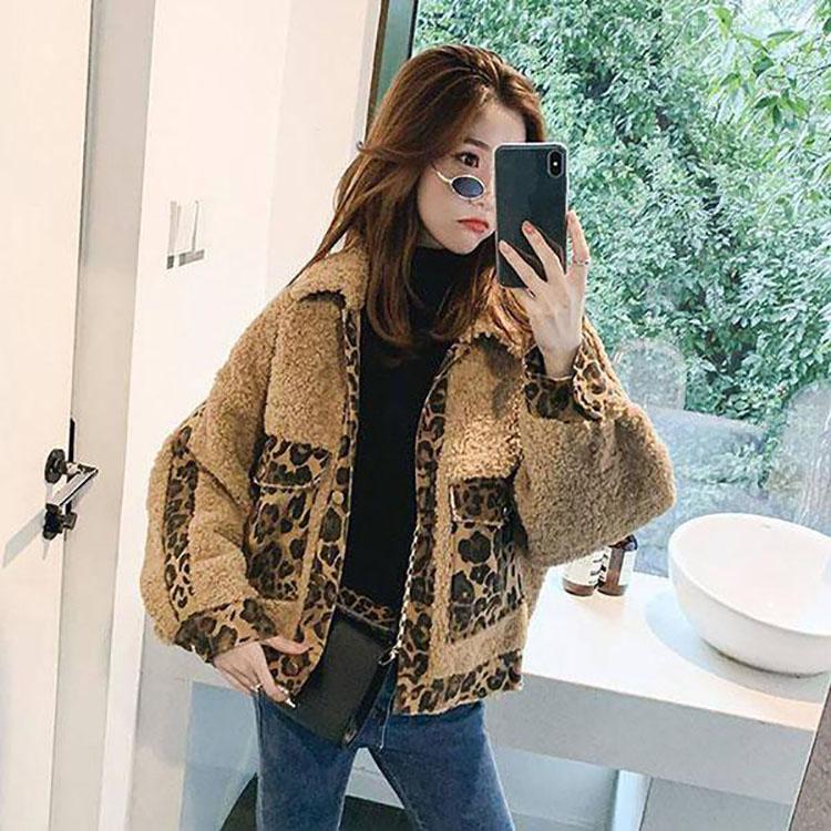 Autumn Winter Women's Loose Imitation Lambs Wool Jacket Coat Student Warmth Leopard Stitching Denim Parka