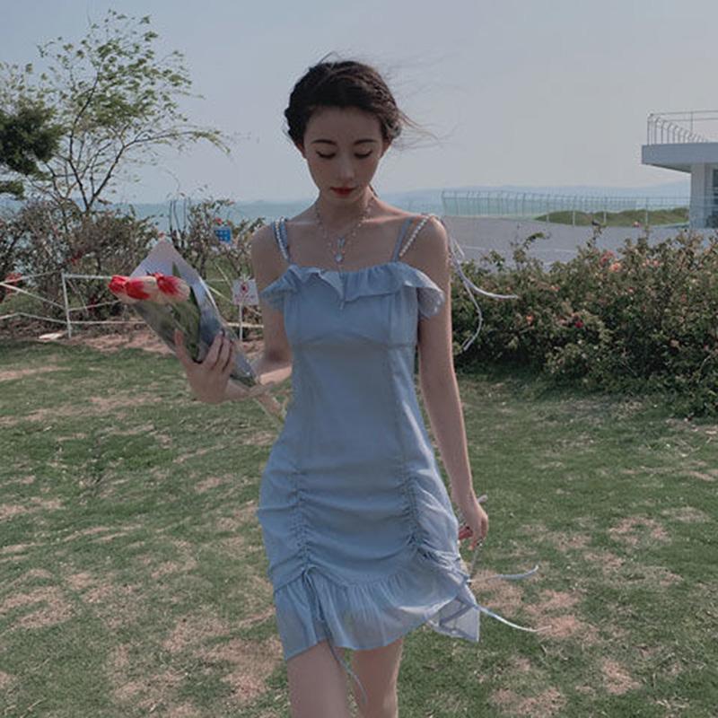 Sling Dress Slimming Short Skirt Female Gentle Wind Sweet Cute Sling Dress Ladies Dress Fabric Light and Breathable Ruffled Cute Princess Style