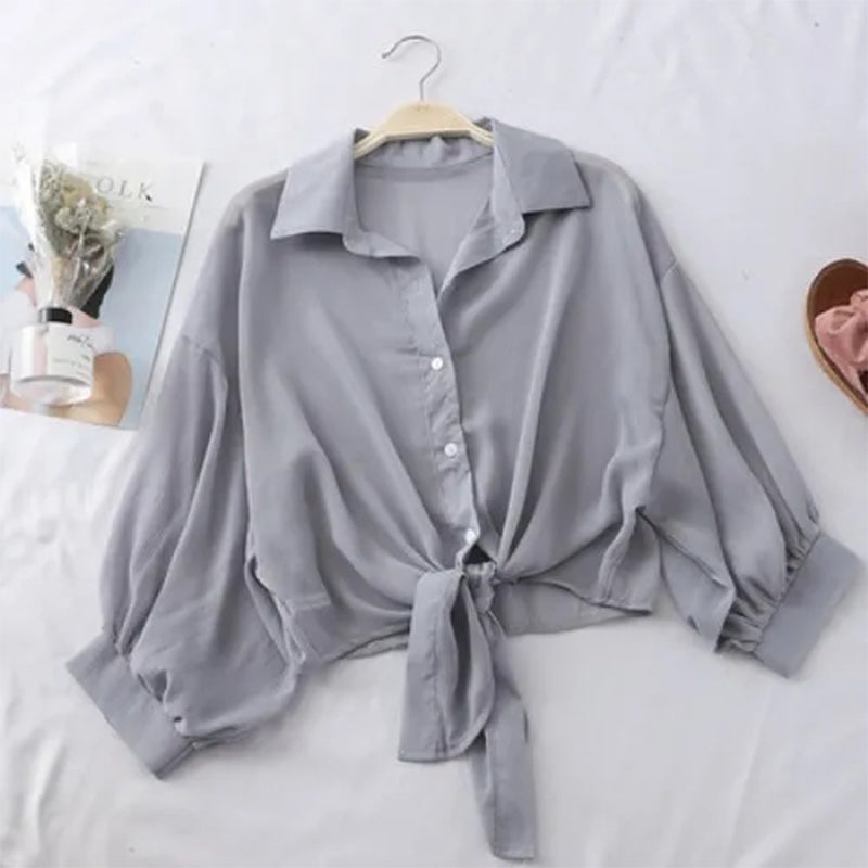 Summer Shirt Half Sleeve Buttoned Up Loose Casual Blouse Chiffon Shirts Women Tied Waist Elegant Blouses for Women