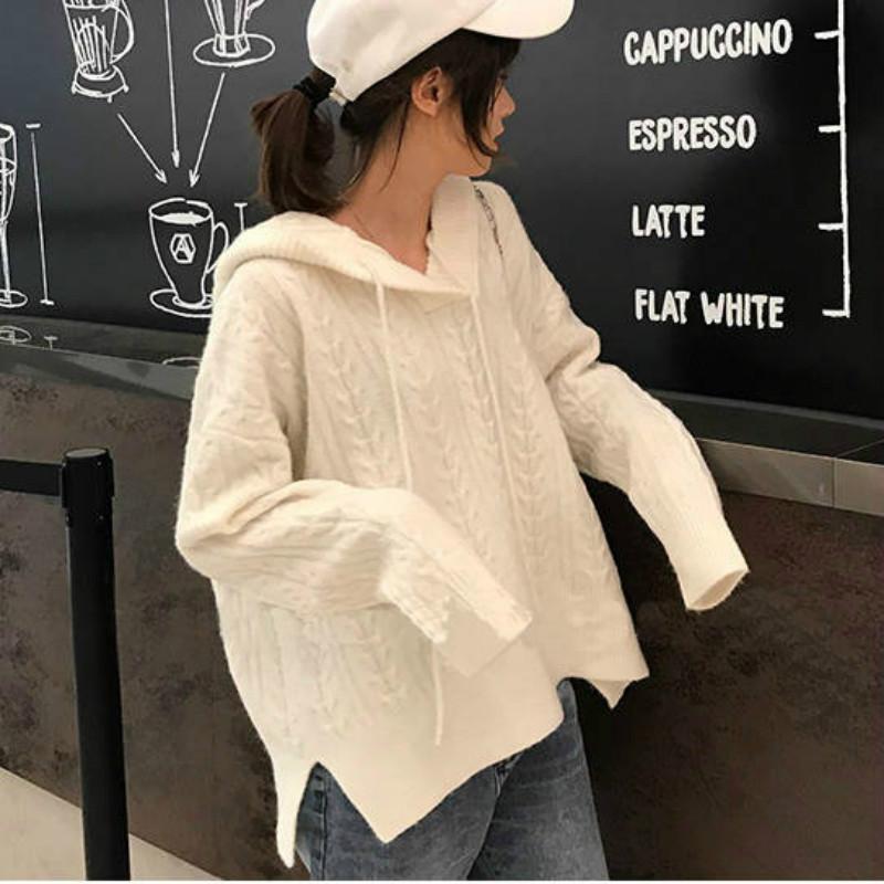 Pofulove Autumn Winter Solid Color Loose Korean Twist Hooded V-neck Sweater Women's Base Shirt