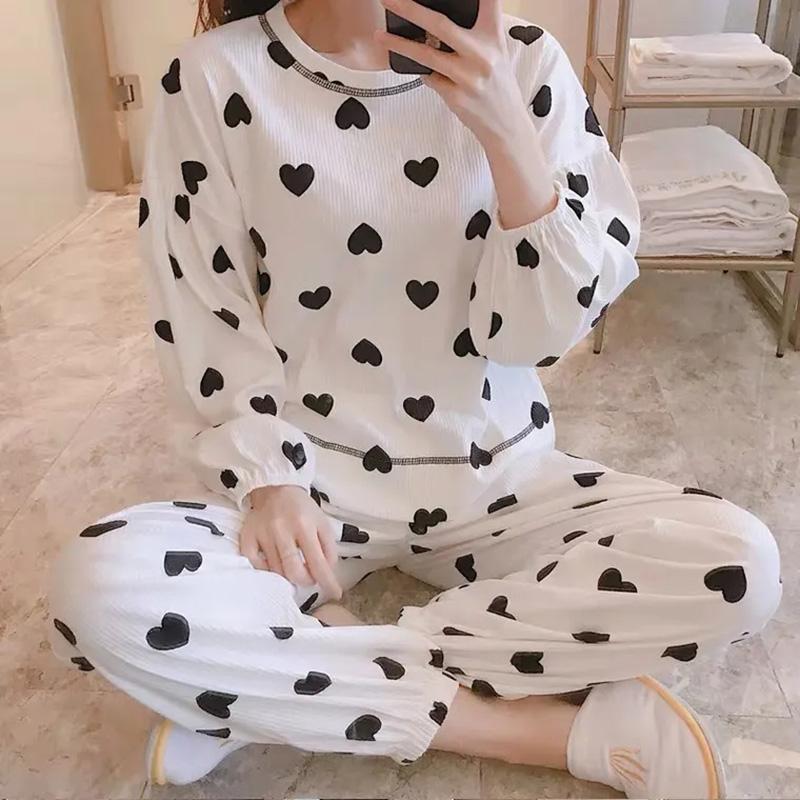 Women's Long Sleeve Heart Pajamas Large Size Loose Spring Autumn Thin Home wear Round Neck Pullover Pants Top Two Piece Sets Solid Color