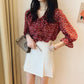 Floral V-neck Wood Ear Edge Trumpet Sleeve Seven Sleeve Chiffon Shirt, Women's Summer Korean Loose Top Trend