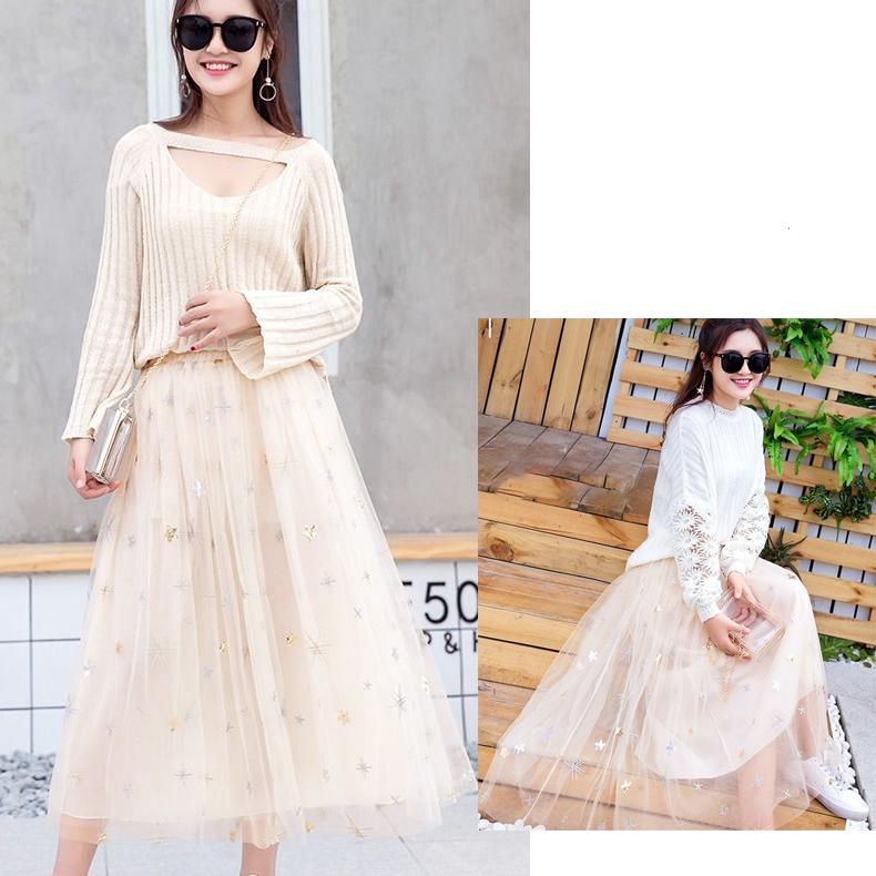 Spring Summer Vintage Skirt Womens Elastic High Waist Tulle Skirts Long Pleated Mesh Skirt