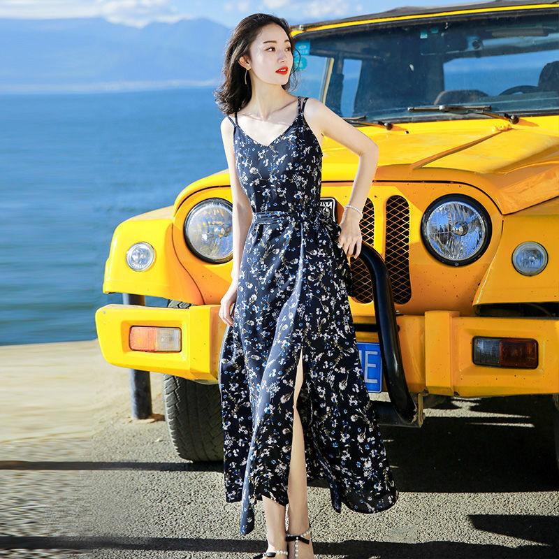 Summer Sexy Suspender Long Skirt Holiday Beach Skirt Strap Chiffon Floral Dress Female Split Casual Fashion
