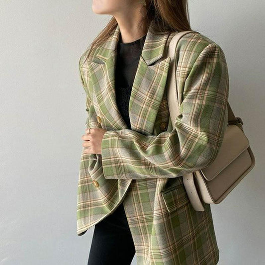 Spring and Autumn Clothes Loose Temperament Plaid Suit Mid-length Suit Jacket Jacket Women