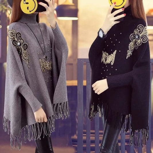 2021 New Autumn and Winter High Neck Women's Plus Size Sweater Loose Bat Sleeve Jacket Knit Sweater Cloak-style Tassel Shawl