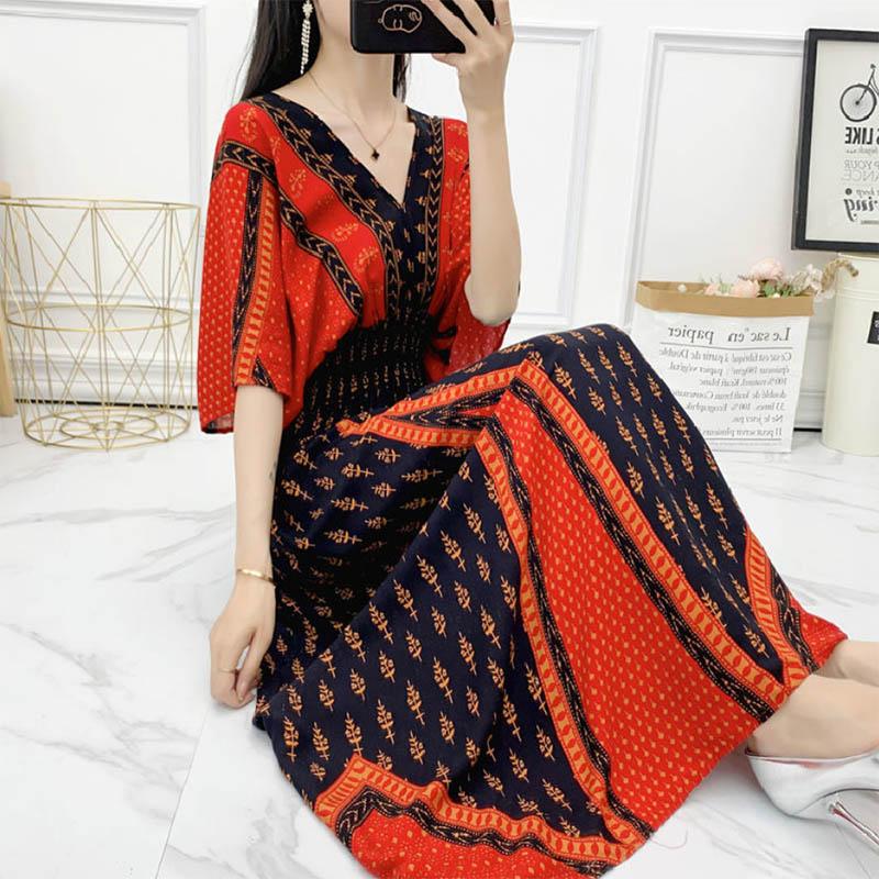 Cotton Silk Dress Mid Length Beach Dress Large Floral Bohemian Loose Casual Long Dress V-Neck
