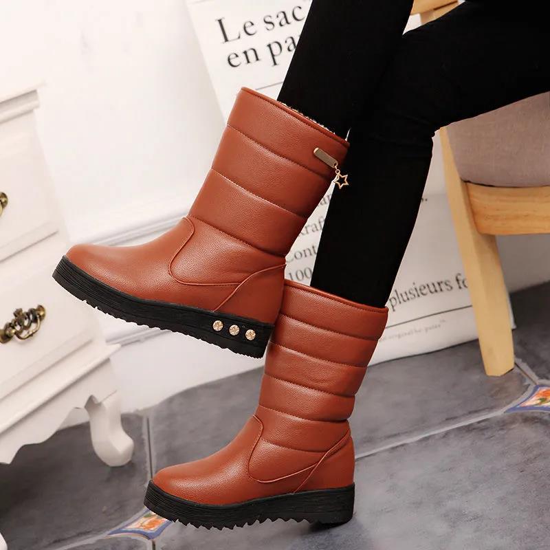 Winter Snow Boots Women's Thick Flat-heeled Thick-soled Non-slip Leather Waterproof Mid-tube Boots