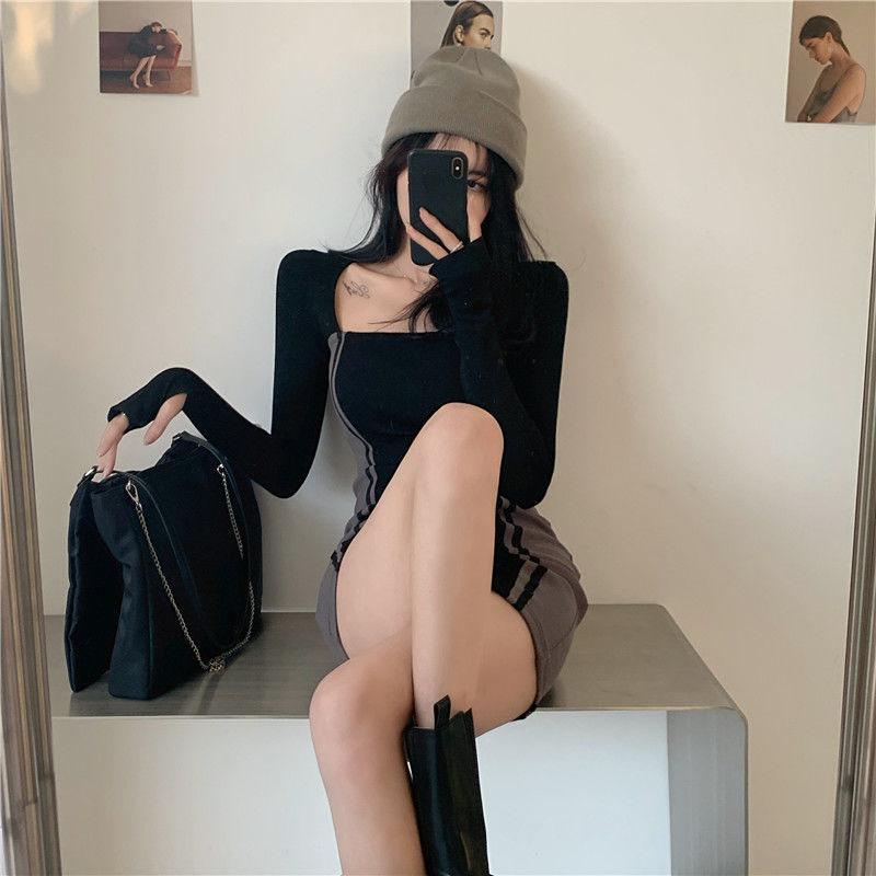Spring Long-sleeved Dress Contrast Color Stitching Square Neck Dress Is Thinner Buttocks Skirt with Bottoming Skirt Female