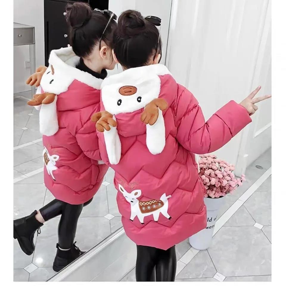 Girls Thick Warm Cotton Clothes Winter Hooded Mid-length Coat