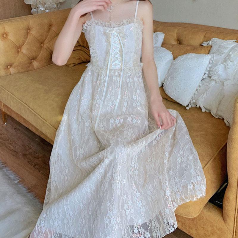 Summer Glitter First Love Long Skirt Female French Mid-length Lace Suspender Dress Little Fairy Temperament