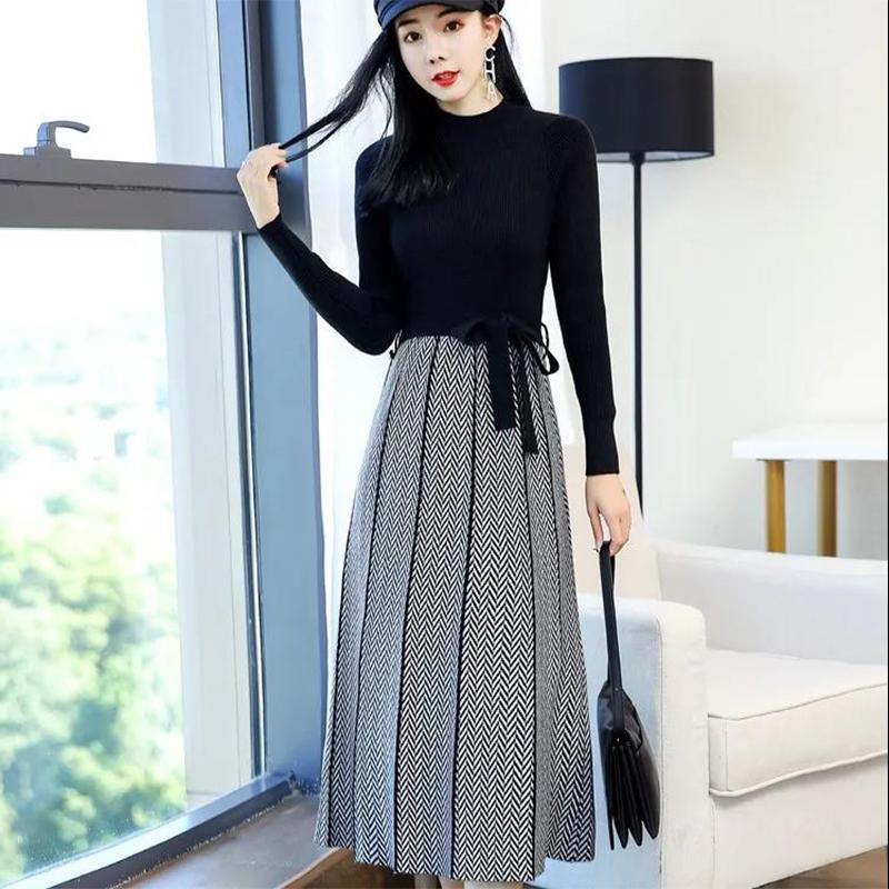 Knitted Dress Women's Clothing Autumn Winter 2021 Fashion Knit Stitching Pleated Dress with Bow Loose Loose Waist