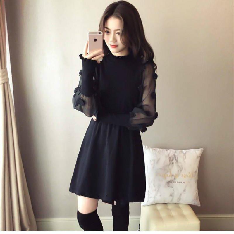 Thin and Velvet Dress Long-sleeved Dress Fairy Skirt In The Long Waist Was Thin Outside