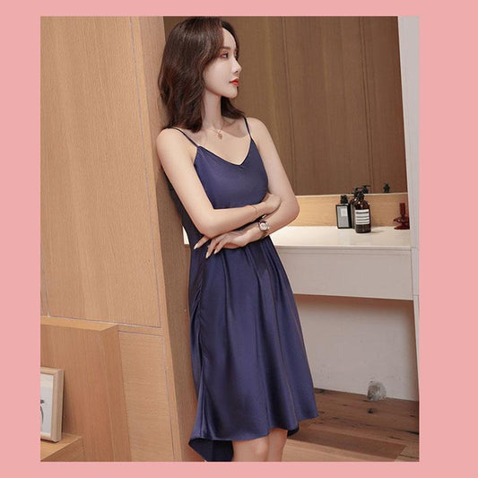 Nightdress Female Summer Ice Silk Imitation Silk Suspenders Long Over-the-knee Skirt Sexy Silk