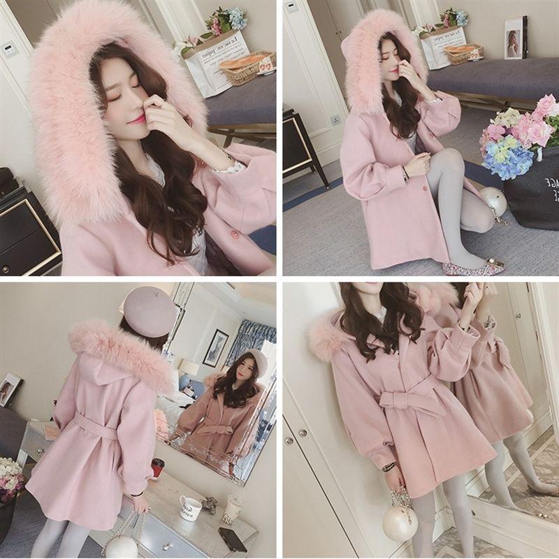 Women's Mid-length Woolen Coat with Waist and Woolen Collar Autumn and Winter Fashion Korean Small Thick Woolen Coat