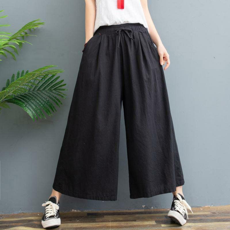 WTEMPO Women's Cotton Wide-leg Pants Cropped Trousers Loose Plus Size High-waisted Summer Straight Trousers Casual