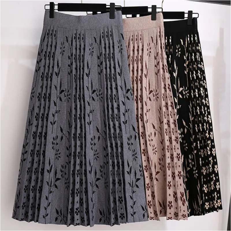 Women's Autumn and Winter Mid-length Fashion High-waist A-line Skirt Pleated Floral Skirt Skirt Over The Knee Knitted Skirt