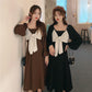 Autumn and Winter Solid Color Lantern Sleeve Square Collar Design Large Cute Bow Mid Length Long Sleeve Dress