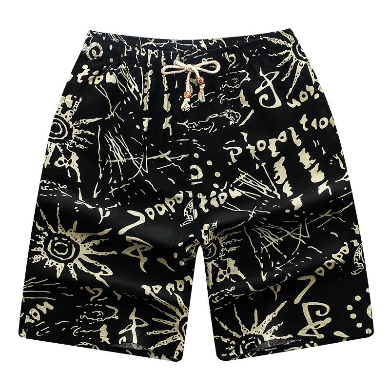 Summer Linen Quick-drying Shorts Printed Big Pants Men's Loose Large Size Cotton and Linen Beach Pants