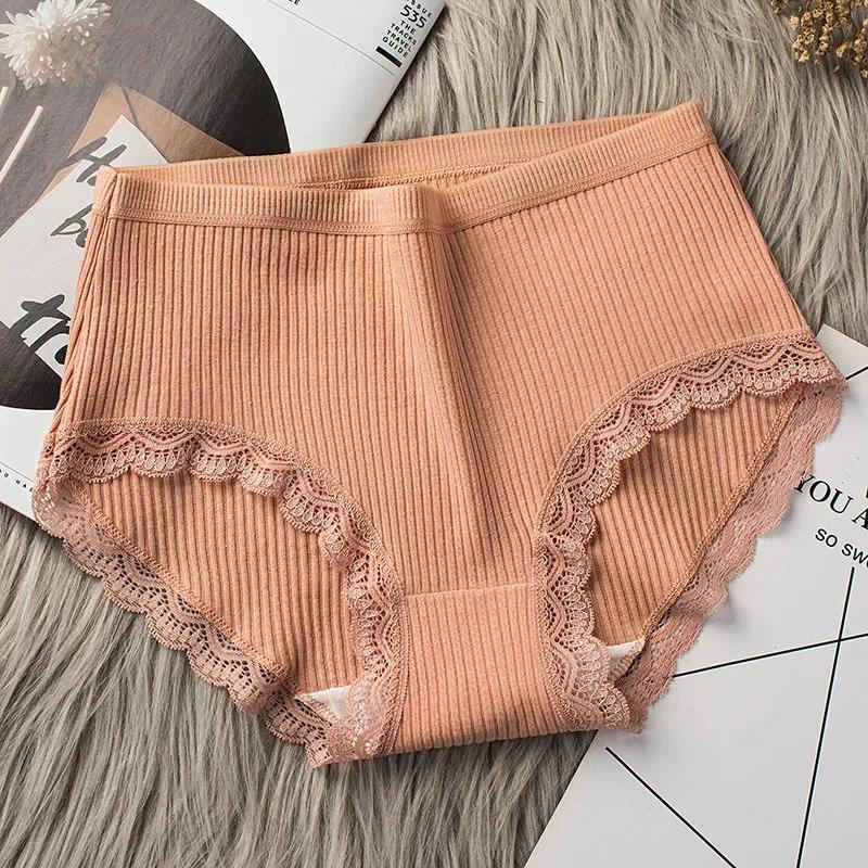 4PCS Lace Panties Women's Belly Large Size Underwear Girls 100% Cotton Crotch Antibacterial Middle High Waist Briefs Ladies Comfortable Sexy Lingerie