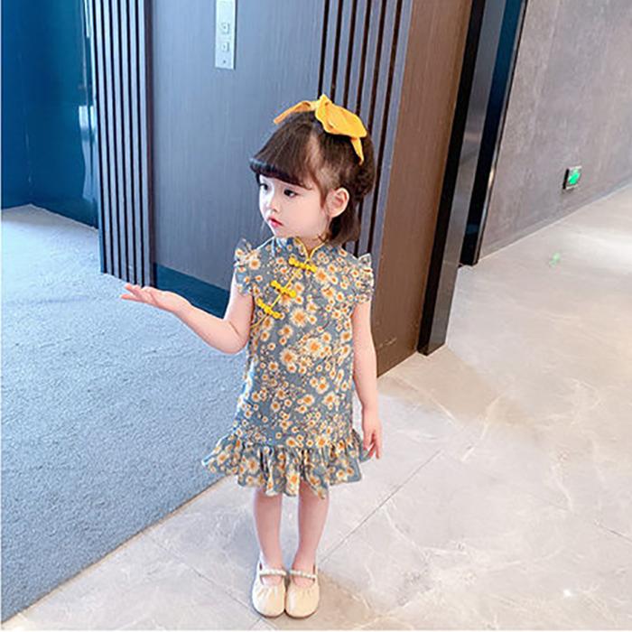 Children Dress Spring Summer Broken Flower Kids Clothing  Baby Girls Clothing Sleeveless Cheongsam Dress Girl