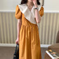 Women's Summer Long Dress Round Neck Puff Sleeves Solid Color V-Neck Dress