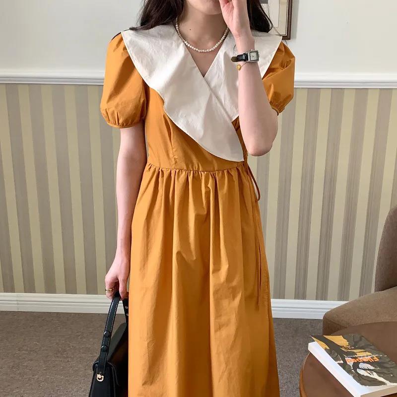 Women's Summer Long Dress Round Neck Puff Sleeves Solid Color V-Neck Dress
