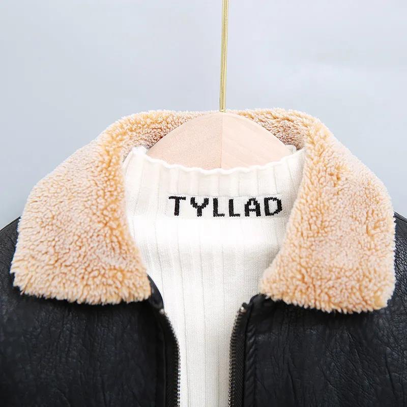 Plush Fleece Boy Leather Jacket Plus Fleece Thickening Children's Autumn and Winter Jacket Warm Coat Foreign-style Baby Coat