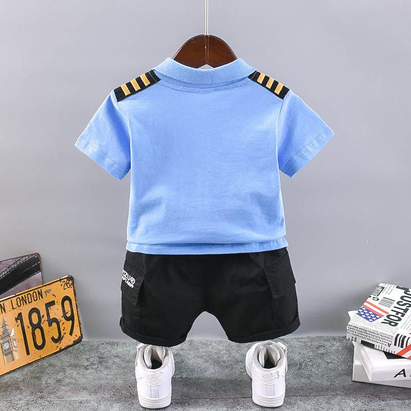 Children Clothing Summer Boy Suit Baby Short-sleeved Lapel Shorts Children's Captain Clothing Printing Epaulette Decoration Children's Two-piece Suit