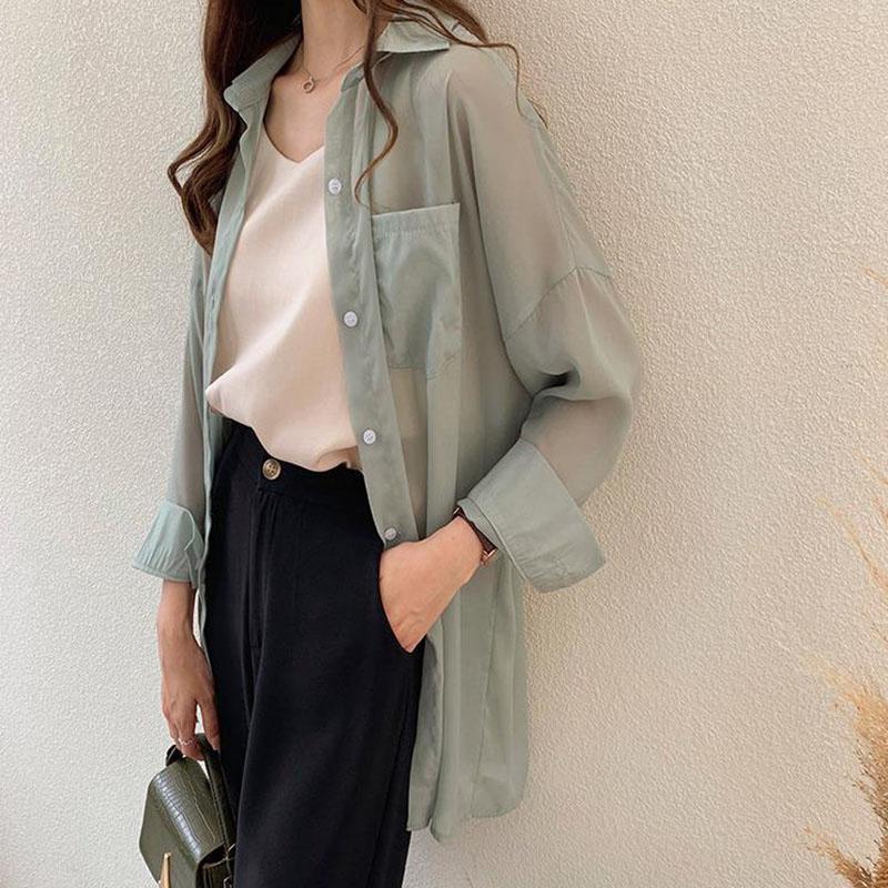 Sunscreen Shirt Chiffon Female Summer  Long Sleeve Loose Ice Silk Cardigan Tide  Turn-down Collar  Button Up Shirt