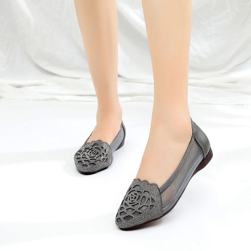 Baotou Sandals Women Summer Leather Flat Women Hollow Mesh Thick Heel Women's Shoes Rhinestone Mother Shoes