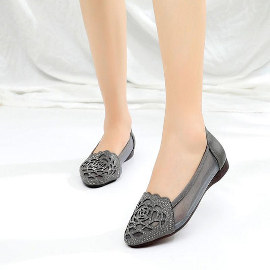 Baotou Sandals Women Summer Leather Flat Women Hollow Mesh Thick Heel Women's Shoes Rhinestone Mother Shoes