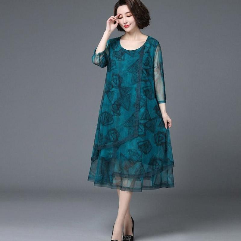 Summer Women's Net Gauze Dress Plus Size Slimming A-line Skirt Casual Solid Color Printed Mid Skirt