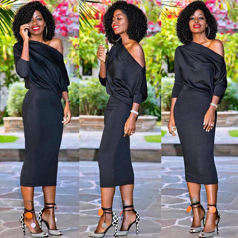 2019 Women Sexy Summer Vintage Off Shoulder Mid-calf Dress Three Quarter Sleeve Bodycon