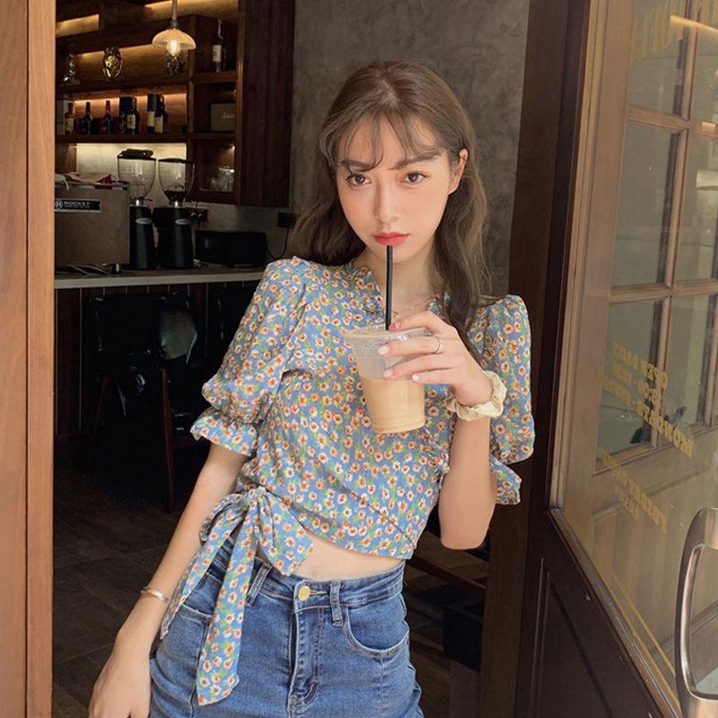 Puff Sleeve Floral Short-sleeved Chiffon Shirt Women's Summer Korean Design High-waist Short Top