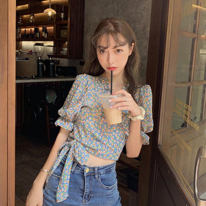 Puff Sleeve Floral Short-sleeved Chiffon Shirt Women's Summer Korean Design High-waist Short Top