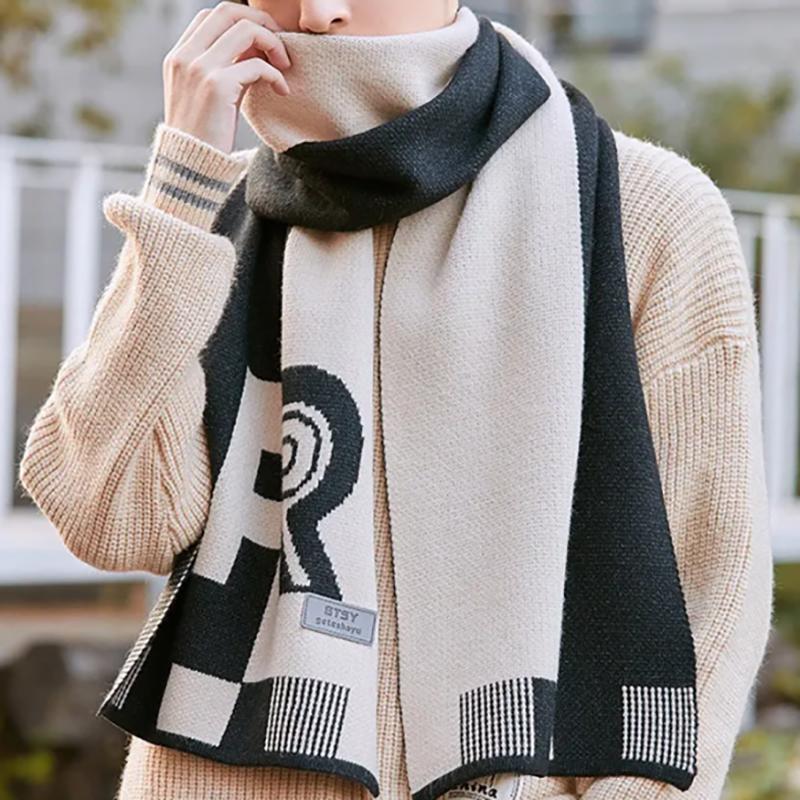 Men's Scarf Winter High-end New Warm Plaid Scarf Boys Trendy Korean Style Long Scarf