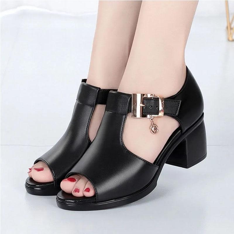 Fish Mouth Sandals Women's Spring and Summer New Roman Women's Thick Heels All-match Medium-heeled Women's Shoes Middle-aged Mother Shoes