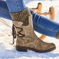 Women's Winter Warm Calf Boots Casual Snow Boots Leather and Sweater Bandage Boots Cowgirl Boots