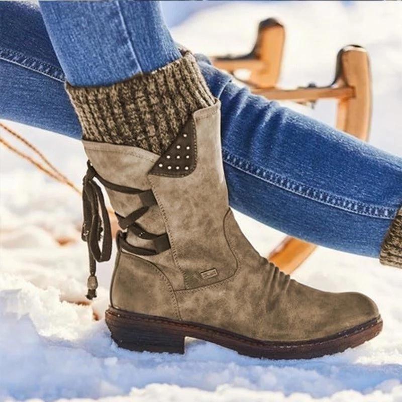 Women's Winter Warm Calf Boots Casual Snow Boots Leather and Sweater Bandage Boots Cowgirl Boots