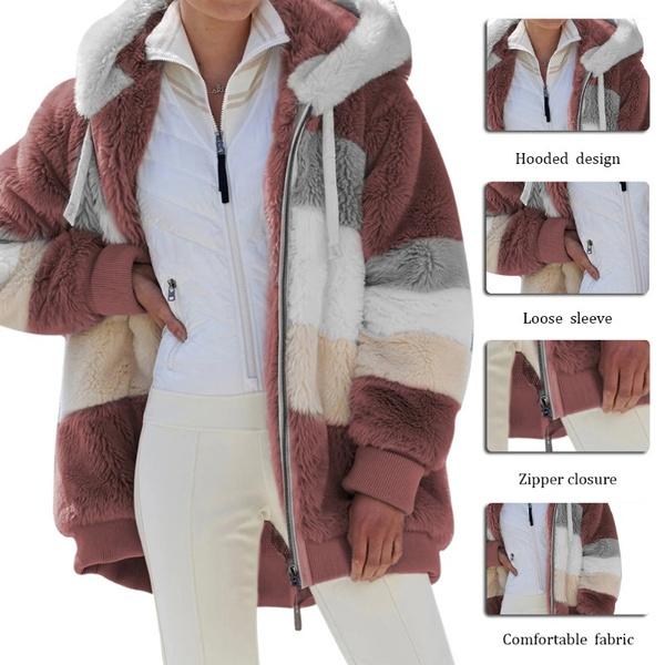Women's Autumn and Winter Plush Warm Loose Hooded Jacket Plus Velvet Thick Women Multicolor Coat Girls Stripe Sleep Wear Big Size Plus Size S-5XL